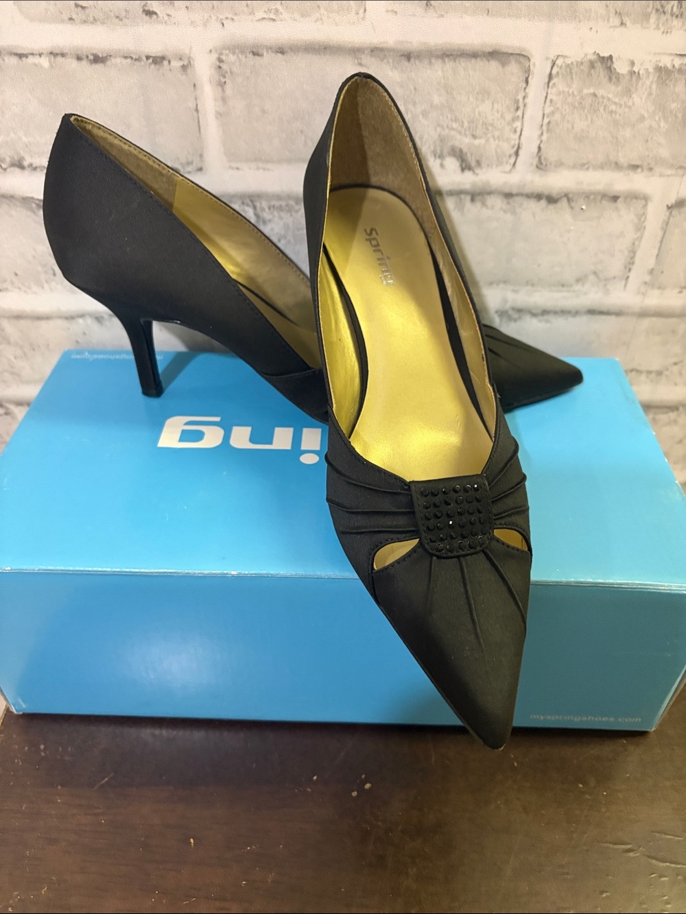 Call it Spring Black Pointed Toe Pumps with Studded Square Accent, size 6.5